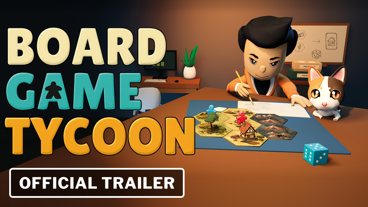 Trailer-Thumbnail mit dem Logo von Board Game Tycoon, der Verlegerin und Katze am Spieltisch sowie dem Schriftzug Official Trailer