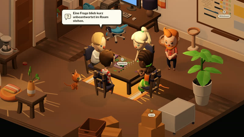 Testabend im Studio: vier Testpersonen am Spieltisch, die Katze schaut zu, eine Sprechblase mit einer Beobachtung