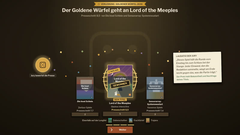 Preisgala: drei Finalisten auf dem Podest, der mittlere Titel gewinnt den Goldenen Würfel, daneben die Laudatio der Jury