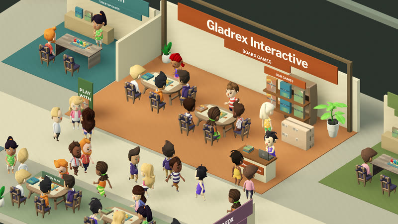 Der eigene Messestand: das Banner Gladrex Interactive über zwei vollen Demotischen, ein Regal mit Spielen und eine Schlange davor
