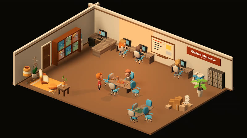 Ein größeres Büro mit Team an den Schreibtischen, einem Spieltisch in der Mitte und dem Verlagsregal neben der Tür