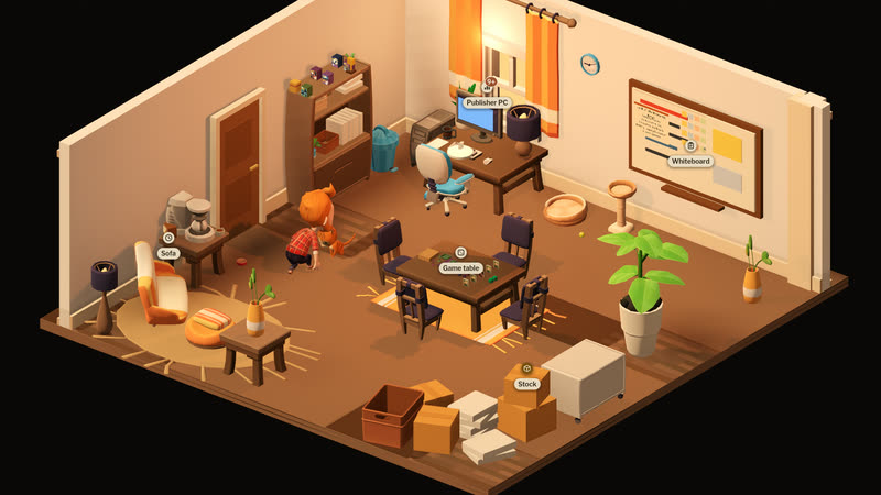 Das Heimbüro am Anfang: die Verlegerin und die Katze, Hotspot-Labels für PC, Whiteboard, Spieltisch, Sofa und Lagerecke