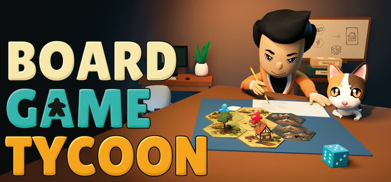 Key Art mit dem Logo von Board Game Tycoon: die Verlegerin skizziert am Spieltisch einen Prototyp, die Katze schaut zu